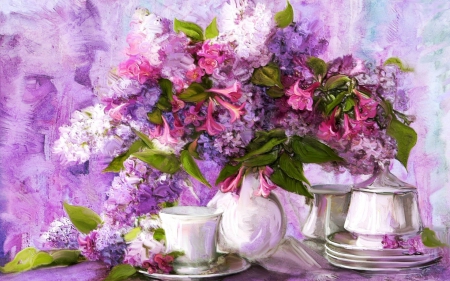 Lilacs - vase, blossoms, porcelain, bouquet, still life