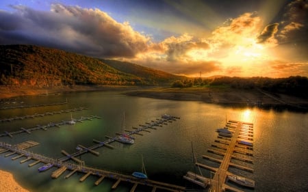 sunset over a lake marina hdr - lake, marina, mountains, hdr, docks