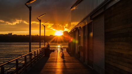 beautiful sunset on a river pier - river, sunset, warehouse, fisherman, pier