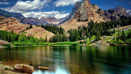 superb lake landscape hdr - lake, forest, mountains, clouds, hdr