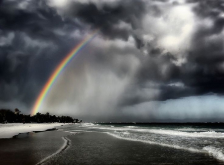 Rainbow - nature, rainbow, beach, landscape, clouds, sea