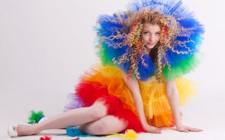 â™¥ - woman, rainboe, girl, colorful, clown, model, yellow, red, blue, green, dress