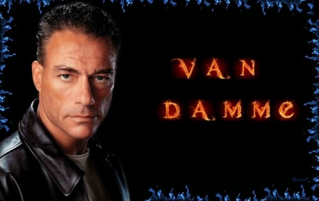 Jean-Claude Van Damme - word, handsome, black, fire, jean-claude van damme, flame, man, blue, orange, actor, by cehenot