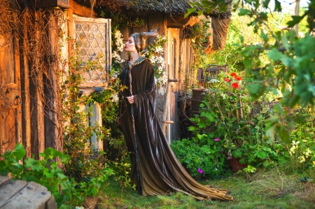 Maleficent (2014) - house, sorceress, girl, actress, fantasy, green, woman, garden, movie, evil queen, Maleficent, Angelina jolie, disney