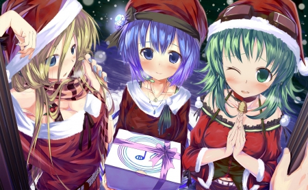 â™¥|Christmas Present|â™¥ - gift, hat, innocent, red clothes, wonderful, chrsitmas, anime, cute, three girls, girl, adorable, blushing, winter, lovely, red, door, beautiful, sweet, short blue hair, smile, green hair, blonde