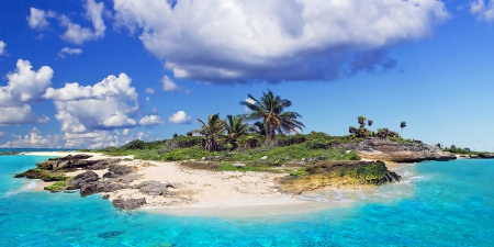 Caribbean Island - palm trees, beach, paradise, summer, rocks, turquoise sea, clouds, beautiful, island