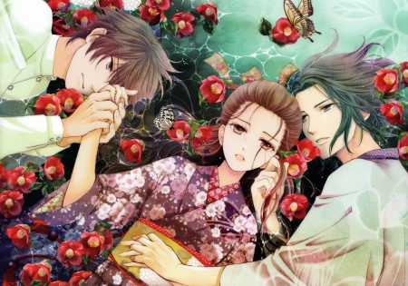 Torn Between Two Lovers - Chou no Doku Hana no Kusari, anime, water, men, butterflies, romance, kimono, brown hair, love, flowers, colorful, Yuriko, japanese clothes, black hair