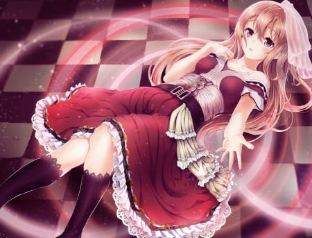 TelePath - nice, beauty, female, magic, anime girl, fantasy, floor, laying, pretty, checkers, anime, maiden, lady, lying, girl, magical, long hair, ground, lay, gown, lovely, red, beautiful, sweet, dress