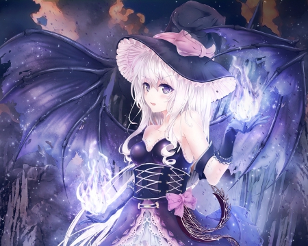 Cremation - nice, beauty, female, hot, hat, cap, magic, wings, anime girl, elegant, fire, fantasy, gorgeous, pretty, anime, magician, frame, sexy, girl, magical, long hair, gown, lovely, divine, witch, wing, beautiful, sweet, blaze, dress, angelice