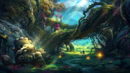 fantasy art - ruins, forest, decasy, lampes, peoples, landscapes