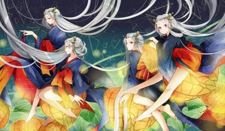 Light of the Demon - maiden, white hair, anime girl, girl, lantern, fantasy, lady, light, serious, emotional, demon, pretty, sweet, silver hair, anime, yukata, sinister, team, lamp, long hair, group, nice, lovely, kimono, scene, female, horn