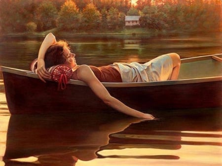 Relaxation - house, enjoying, relaxing, boat, girl, lake, nap