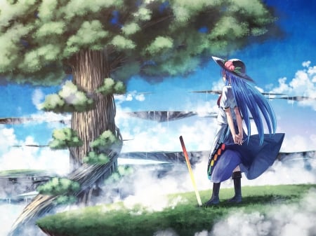 Hinanawi Tenshi - hat, clouds, anime, touhou, blue hair, dress, hinanawi tenshi, tree