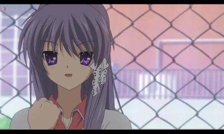 Fujibayashi Kyou - pretty, kyou, anime, female, maiden, long hair, ribbon, nice, clannad, purple hair, anime girl, beautiful, girl, beauty, lovely, sweet, fence, Fujibayashi Kyou, lady, Kyou Fujibayashi