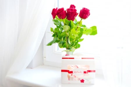 Still life - bouquet, chocolate, still life, red roses