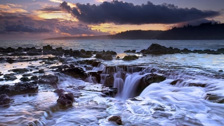 ocean sinkhole - clouds, shore, hole, sunset, sea, rocks, waves