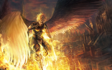 Angel - flame, art, angel, orange, wings, takakyo, fire, fantasy