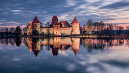 trakai castle in lithuania reflected in lake - lake, dusk, reflection, castle, bridge