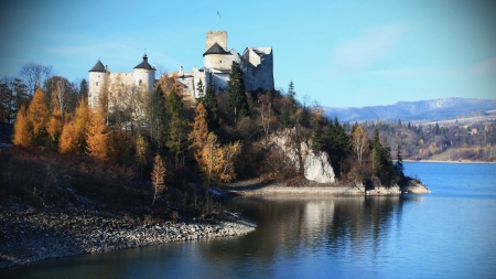 castle on a lake shore cliff - cliff, lake, forest, hill, castle