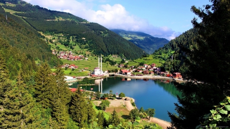 turkish village on a mountain lake - village, lake, mosque, mountains