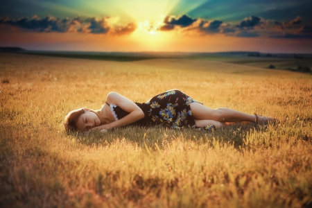 Dreaming at sunset - sleep, dress, girl, landscape, at sunset, sex