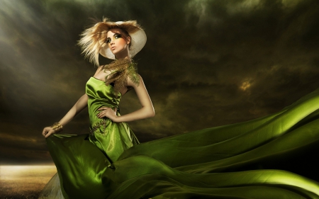 Green Eyed Beauty - plant, woman, green, dress