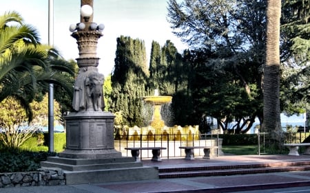 Sausalito Park 1 - wide screen, statuary, photography, park, cityscape, fountain, elephant, scenery, photo