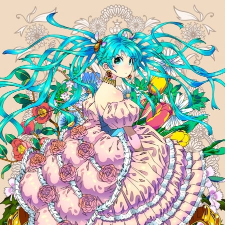 Lolita - nice, female, twintail, anime girl, elegant, miku hatsune, gorgeous, pretty, anime, miku, twin tail, maiden, hatsune miku, lady, girl, twintails, long hair, gown, lovely, hatsune, vocaloids, l, floral, twin tails, vocaloid, blossom, sweet, green hair, dress, lolita, flower