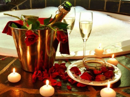 Still Life - candle, glasses, petals, photography, wine, plate, still life, rose