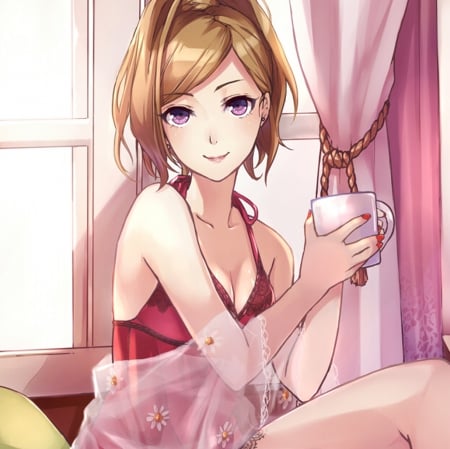 ♡ Maiden ♡ - pretty, anime, female, s sundress, window, dres, maiden, pink, long hair, red, nice, anime girl, beautiful, curtains, girl, beauty, lovely, brown hair, sweet, lady, cup