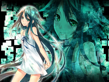 Saya - pretty, anime, female, maiden, dress, green hair, long hair, saya no uta, nice, abstract, anime girl, beautiful, girl, sundress, beauty, lovely, sweet, saya, lady, green