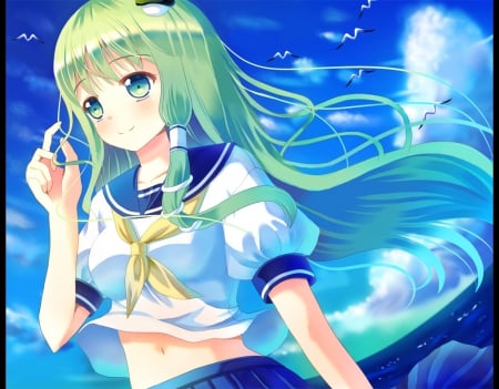 Kochiya Sanae - pretty, anime, kawaii, female, blue, green hair, long hair, touhou, hd, nice, anime girl, beautiful, girl, beauty, lovely, sweet, kochiya sanae, cute, adorable