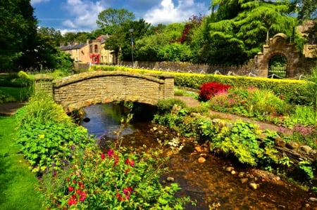 Waddington - summer, beautiful, flowers, village, bridge, picturesque, peaceful, rural, countryside, houses, river, lovely, england