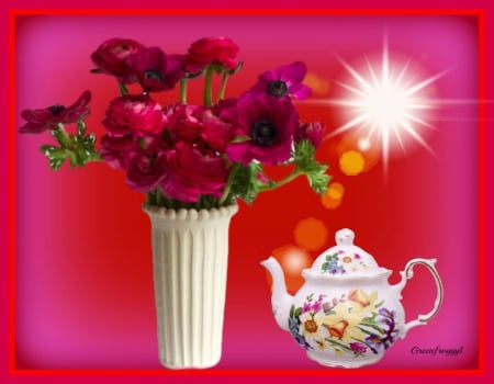 MORNING TEATIME - flowers, creation, abstract, teapot