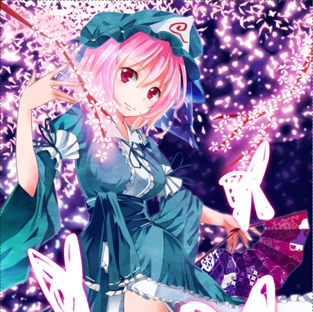 Saigyouji Yuyuko - pretty, saigyouji yuyuko, anime, magic, female, blue, blossom, neauty, dress, light, pink, magical, short hair, touhou, nice, pink hair, gown, anime girl, beautiful, girl, beauty, lovely, sweet, flower, glow, butterfly, floral