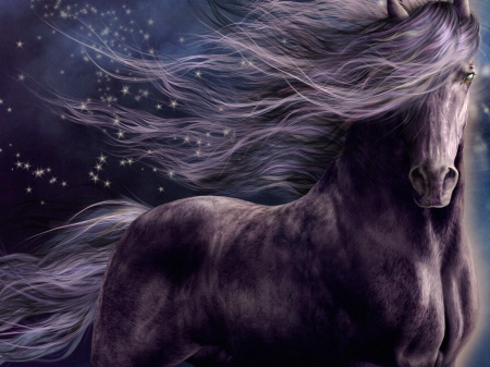 Fantasy horse - sky, purple, horse, fantasy, stars, night, art