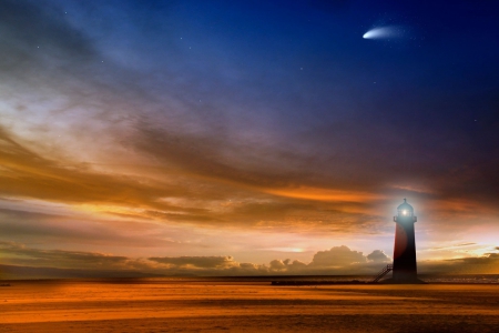 Comet in the Sky - stars, sky, lighthouse, evening, coast