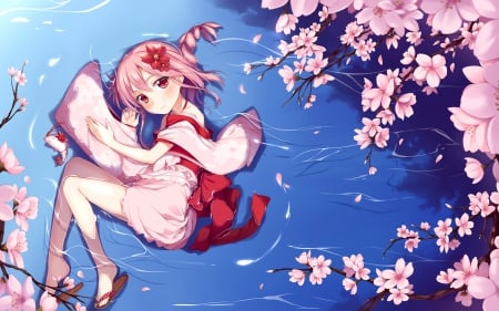 Sakura Cherry - nice, female, water, anime girl, chery blossom, pretty, petals, anime, sakura blossom, kimono, pond, short hair, girl, adorable, wet, pink hair, lovely, kawaii, sakura, floral, blossom, yukata, sweet, flower