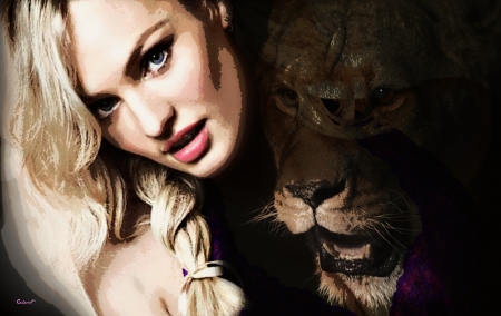 Candice Swanepoel  - poster, by cehenot, girl, oil painting, head, animal, woman, model, Candice Swanepoel, face, lion, art