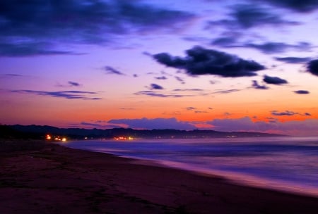 TWILIGHT - beach, twilight, sea, lights, coast