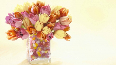 Tulips - tulips, flowers, jelly beans, vase