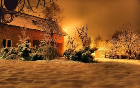 barn house on a snowy winter night - snow, light, night, winter, house, yard, barn