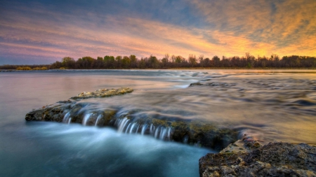 beautiful flowing river - river, trees, sunset, flowing, rocks