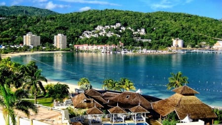 lovely tropical resort hdr - beach, hills, forest, town, hdr, resort, bay