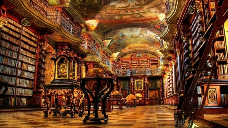 magnificent library hdr - shelves, frescos, library, ceiling, hdr, books