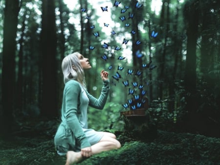 Blue Butterflies With Little Girl - creative, forest, butterflies, artistic, little, blonde, girl, blue