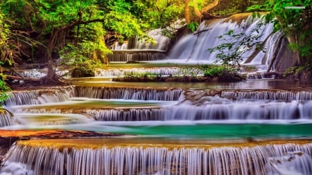 cascading waterfall - color, waterfall, jungle, blue