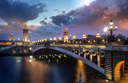 ♥Paris♥ - river, paris, lights, evening, france, pont alexandre, bridge