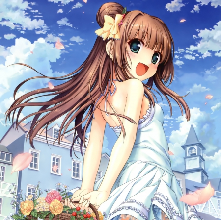 Lovely Day - pretty, anime, kawaii, female, scenery, blossom, scene, maiden, dress, long hair, home, happy, hd, nice, sky, house, anime girl, girl, sundress, lovely, brown hair, sweet, flower, petals, smile, lady, cloud, floral, building