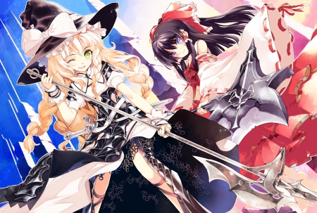 Who's Bad Now?! - hat, braids, hakurei reimu, touhou, anime, wink, friends, weapons, japanese clothes, kirisame marisa, blonde